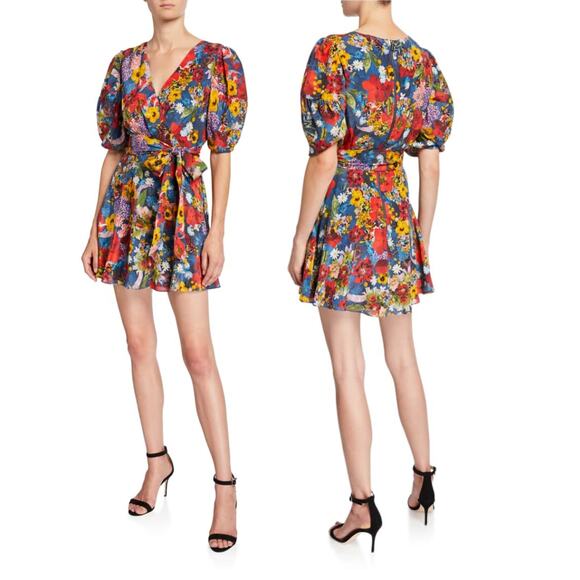 Alice + Olivia Kerri Floral Silk Bishop Baloon Puff Sleeve Dress Blossom Riviera